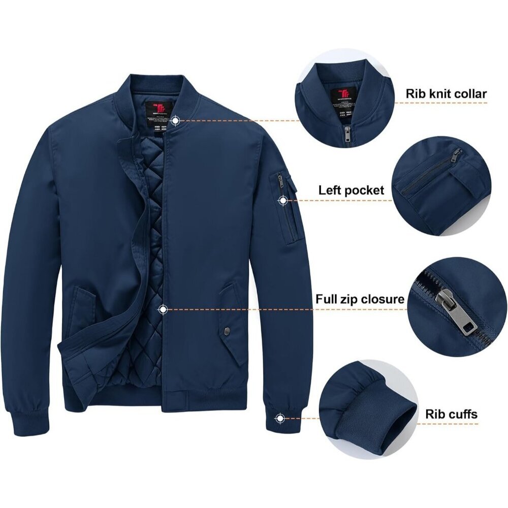 Men's Dark Navy Blue Windproof Quilted Bomber Jacket Coats Warm Winter Outwear - Picture 5 of 6